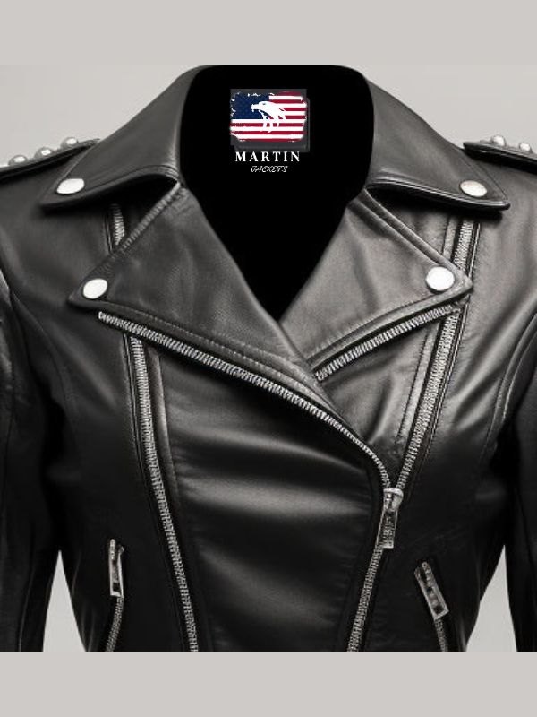 Sea Dragon Dreams Odette black leather jacket featuring silver stud embellishments and a classic moto collar design.