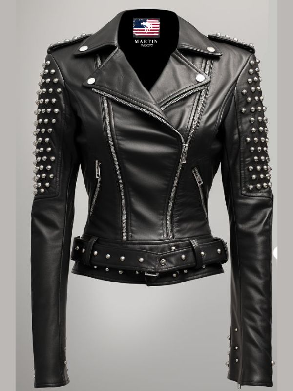 Sea Dragon Dreams Odette black leather jacket featuring silver stud embellishments, lapels, and a belted waist.