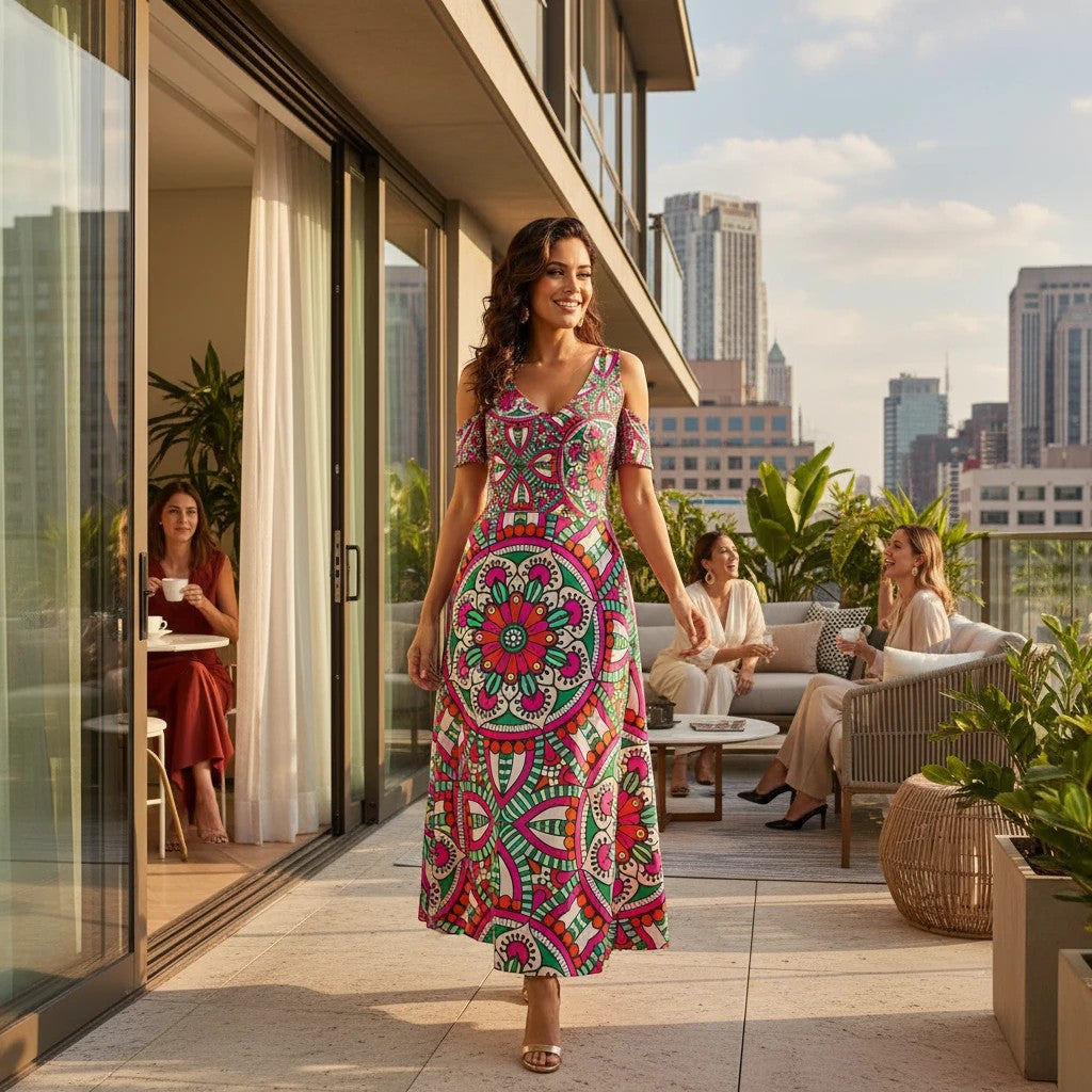 Sea Dragon Dreams off-shoulder maxi dress with a vibrant pink and green mandala pattern worn on a sunny city terrace.
