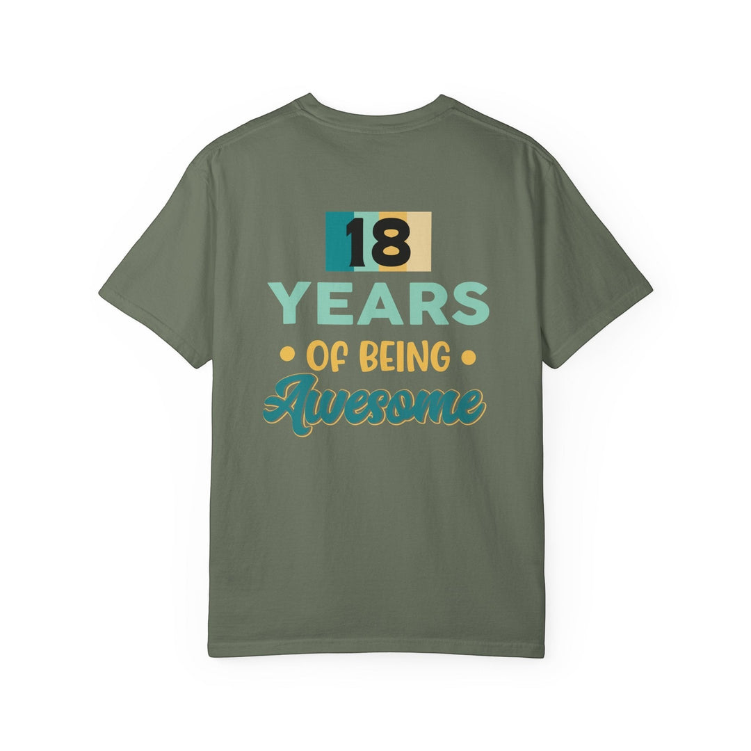 Sea Dragon Dreams olive green unisex 18th birthday t-shirt with 18 Years of Being Awesome graphic on the back