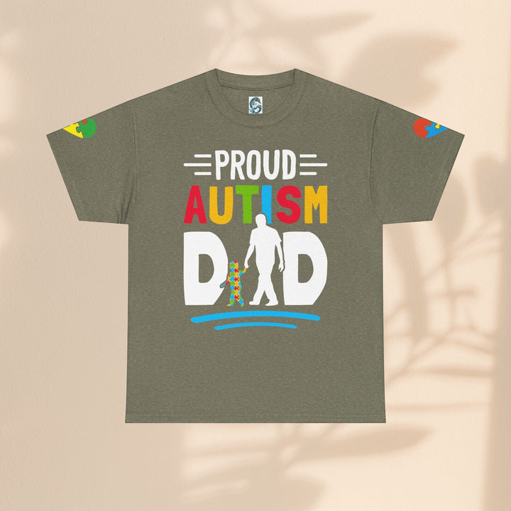 Sea Dragon Dreams olive green heavy cotton unisex t-shirt featuring a colorful Proud Autism Dad graphic print.