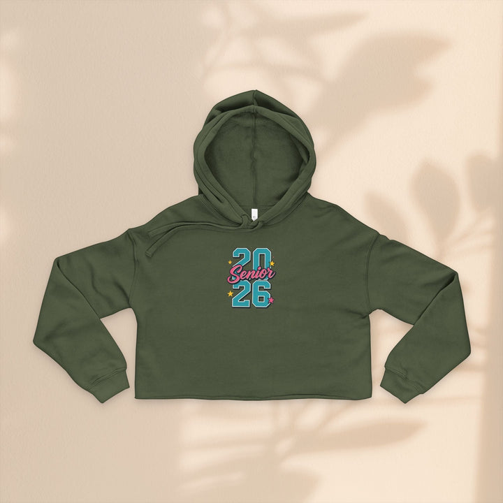 Sea Dragon Dreams olive green cropped hoodie with Class of 2026 graphic, featuring soft cotton-poly fleece fabric.