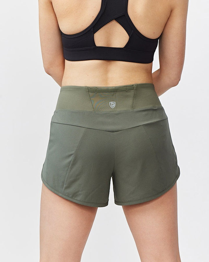 Sea Dragon Dreams Sheva women's olive green high-rise running shorts with a wide knit waistband and back view