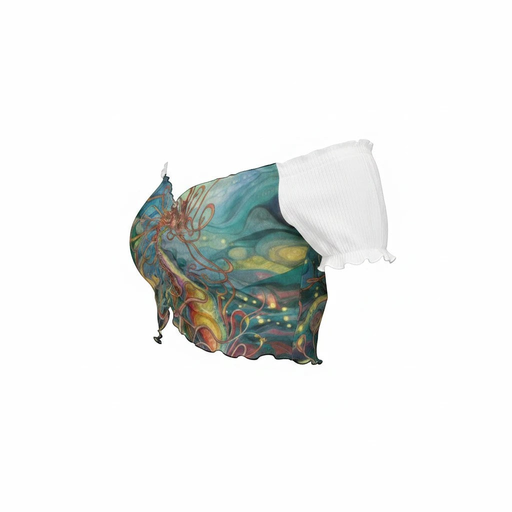 Sea Dragon Dreams one-shoulder crop top with a colorful abstract sea-inspired print and a white ruffled sleeve.