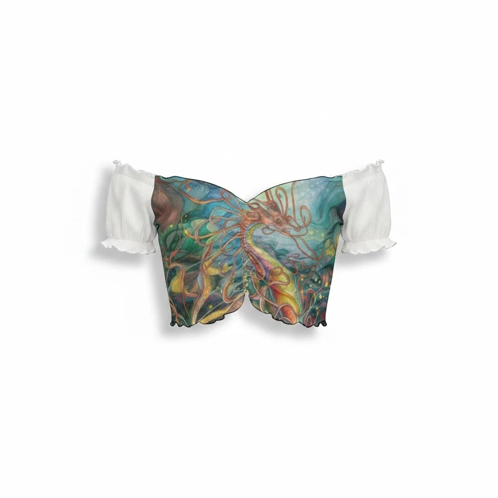 Sea Dragon Dreams one-shoulder crop top featuring a colorful sea dragon illustration on a white background.