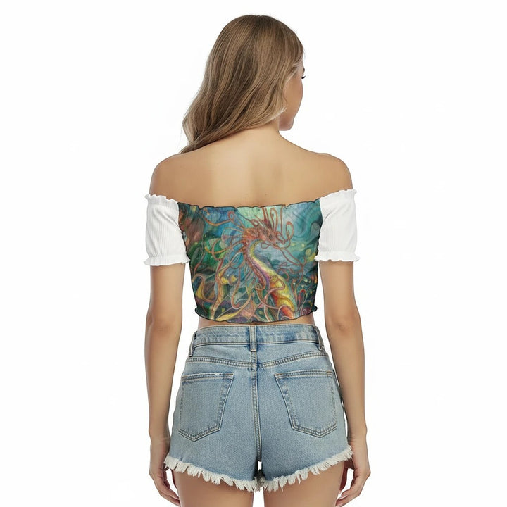 Sea Dragon Dreams one-shoulder off-the-shoulder crop top with a colorful sea dragon print and white ruffled sleeves.
