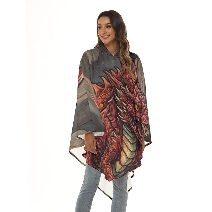 Sea Dragon Dreams unisex hooded cloak featuring a detailed orange dragon illustration on lightweight polyester fabric