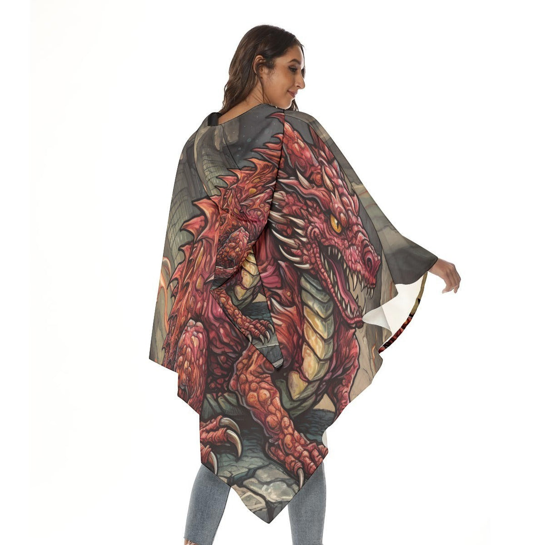Sea Dragon Dreams unisex hooded cloak featuring a detailed orange dragon illustration on lightweight polyester fabric