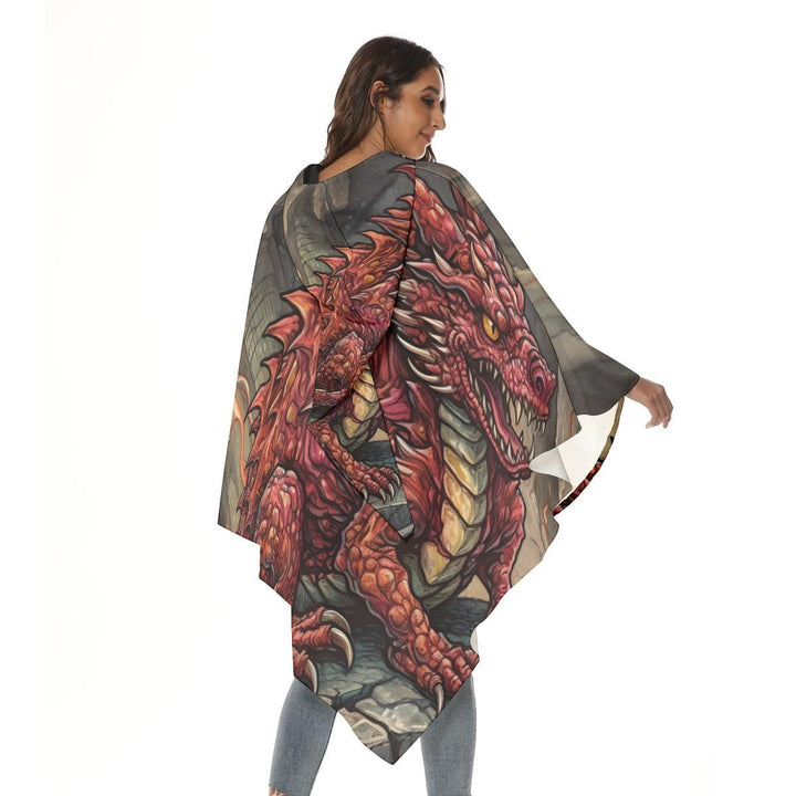 Sea Dragon Dreams unisex hooded cloak featuring a detailed orange dragon illustration on lightweight polyester fabric