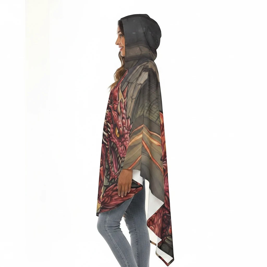 Sea Dragon Dreams unisex hooded cloak featuring a vibrant orange dragon print on lightweight polyester fabric