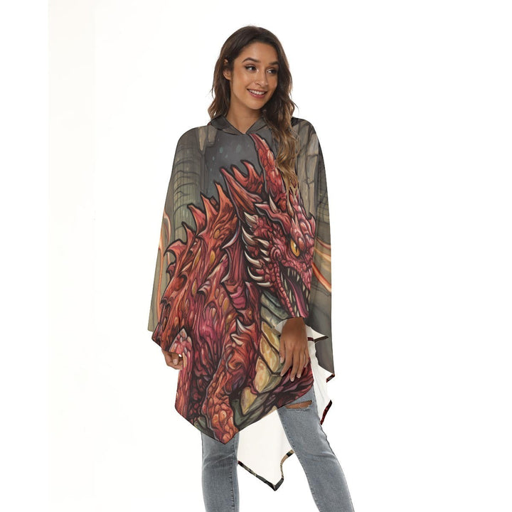 Sea Dragon Dreams unisex hooded cloak featuring a vibrant orange dragon print on lightweight polyester fabric