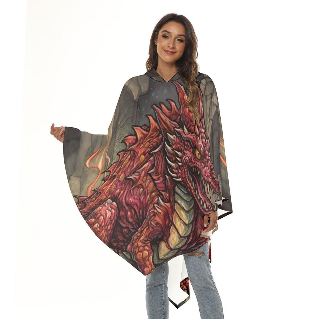 Model wearing a Sea Dragon Dreams orange dragon hooded cloak with mythical fire artwork for cosplay and festivals