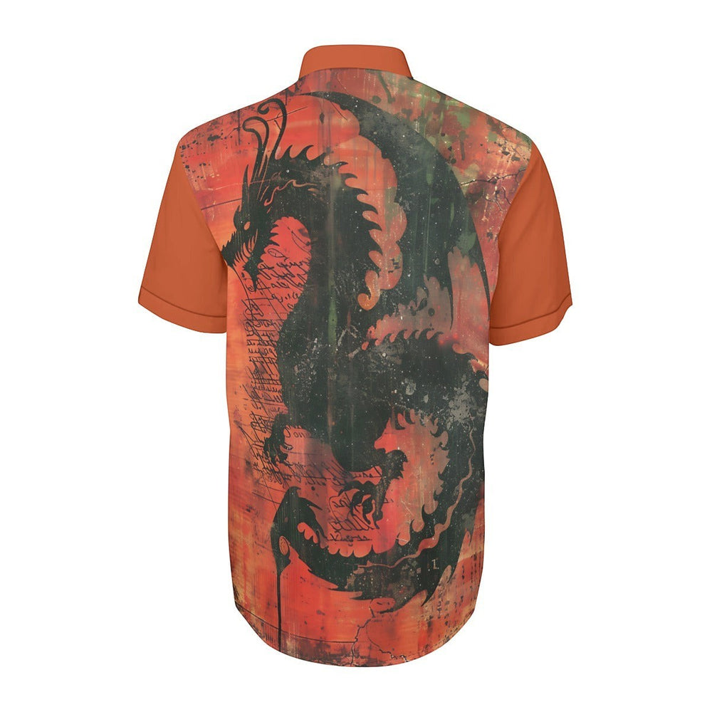 Sea Dragon Dreams men's short-sleeve collared shirt in orange with a bold black dragon graphic on the back