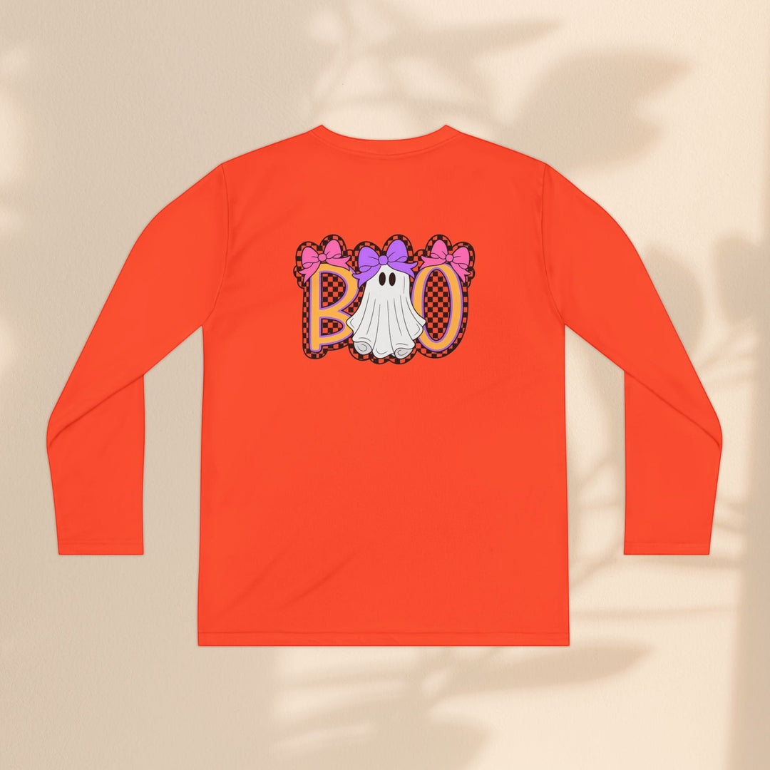 Sea Dragon Dreams kids orange long sleeve Halloween shirt with a ghost Boo graphic featuring pink bows