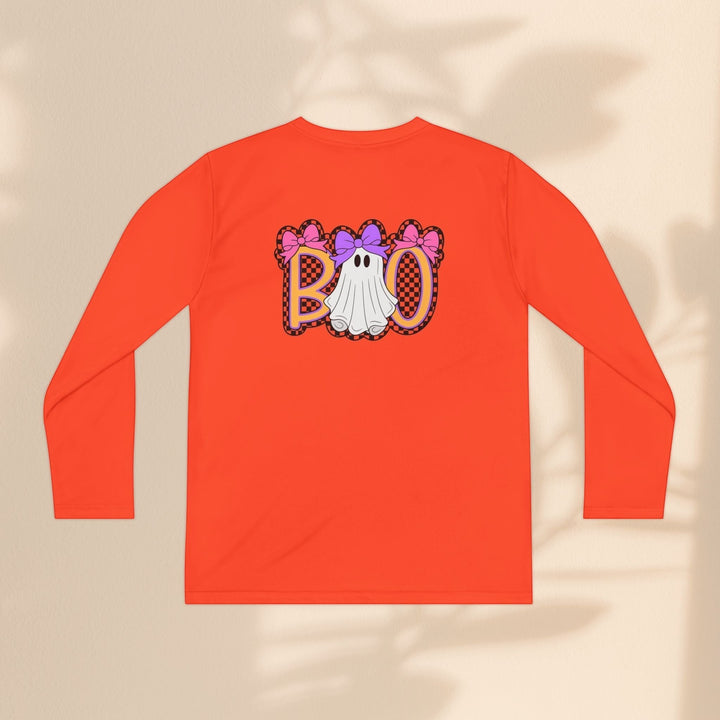 Sea Dragon Dreams kids orange long sleeve Halloween shirt with a ghost Boo graphic featuring pink bows