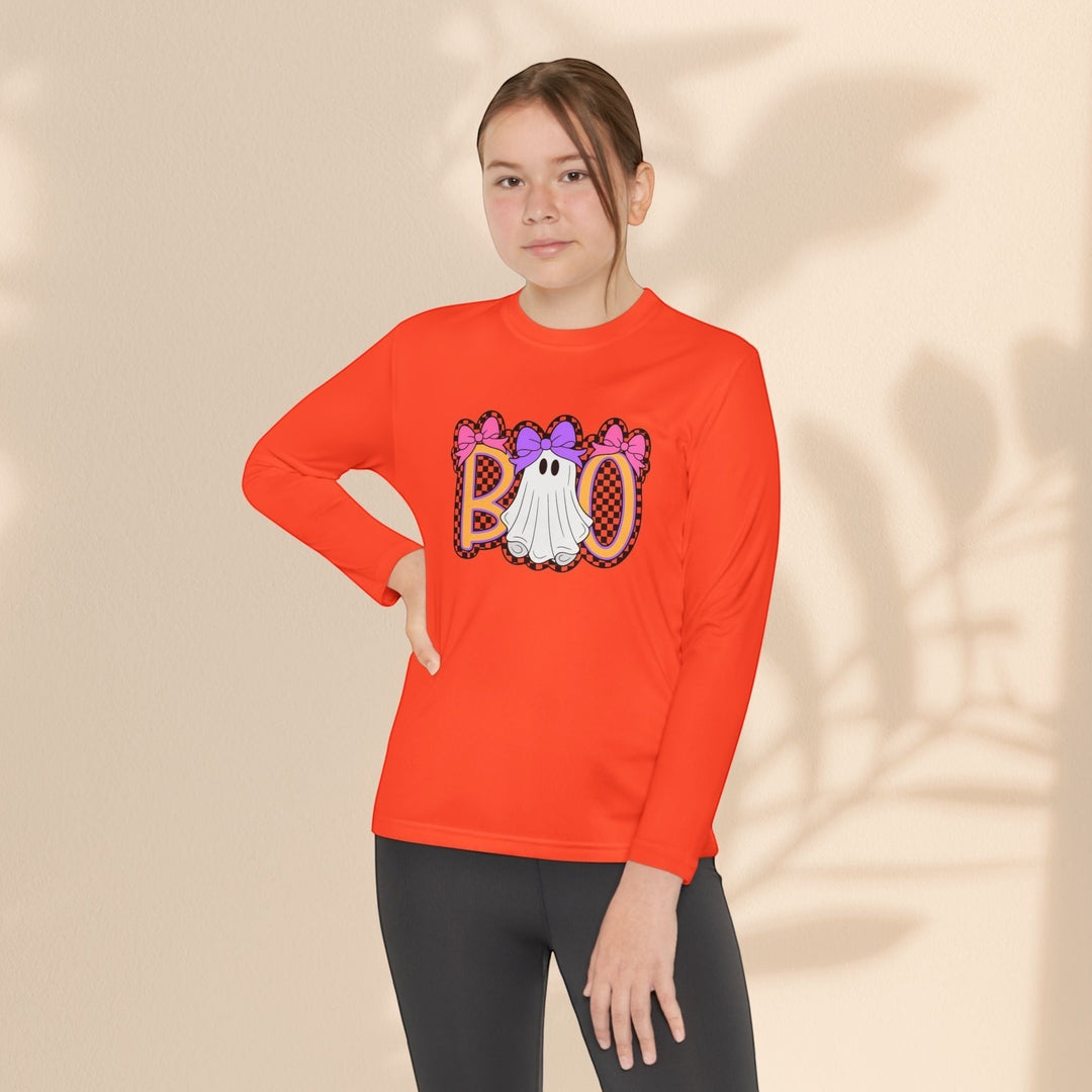 Sea Dragon Dreams youth long sleeve Halloween shirt in bright orange with a ghost Boo graphic and pink bows