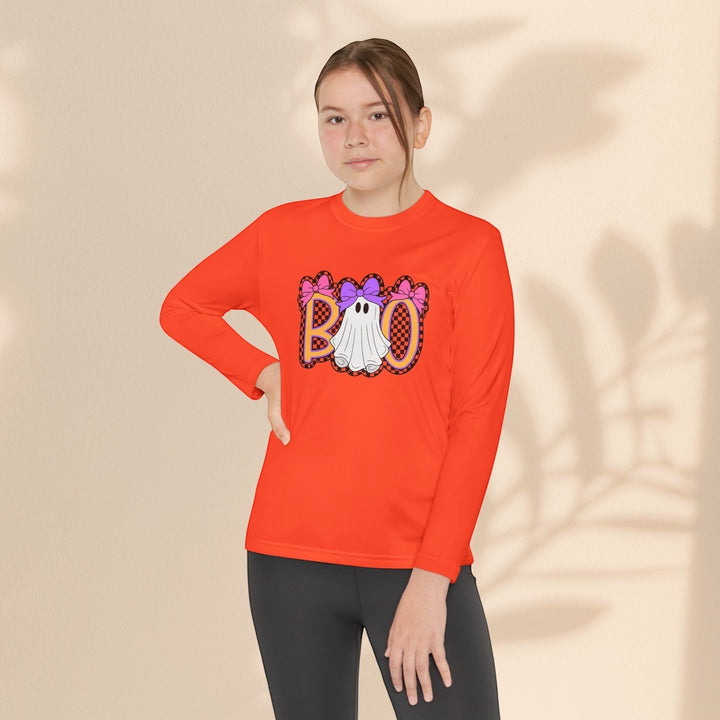 Sea Dragon Dreams youth long sleeve Halloween shirt in bright orange with a ghost Boo graphic and pink bows