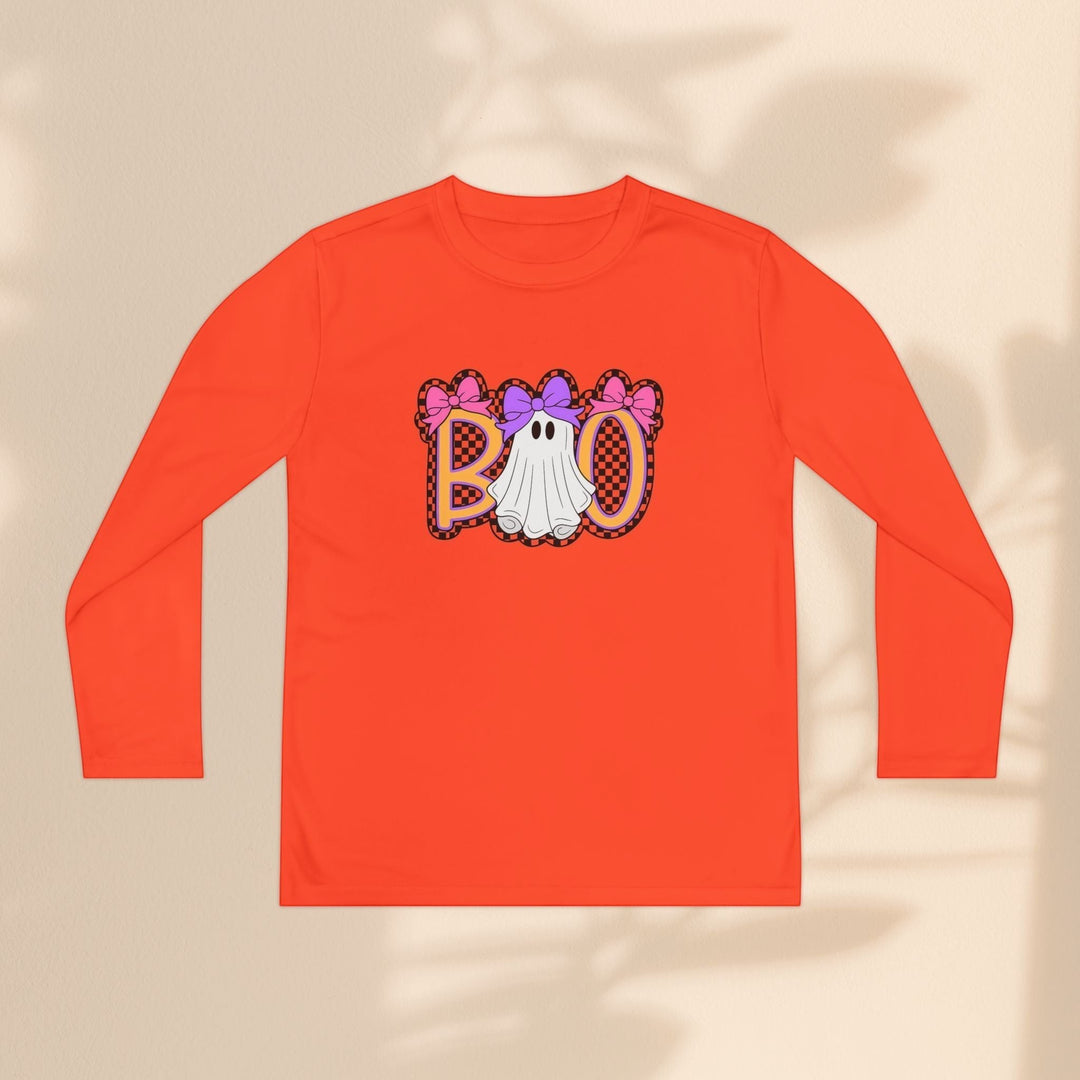 Sea Dragon Dreams kids orange long sleeve Halloween shirt with a ghost Boo graphic print and pink bows