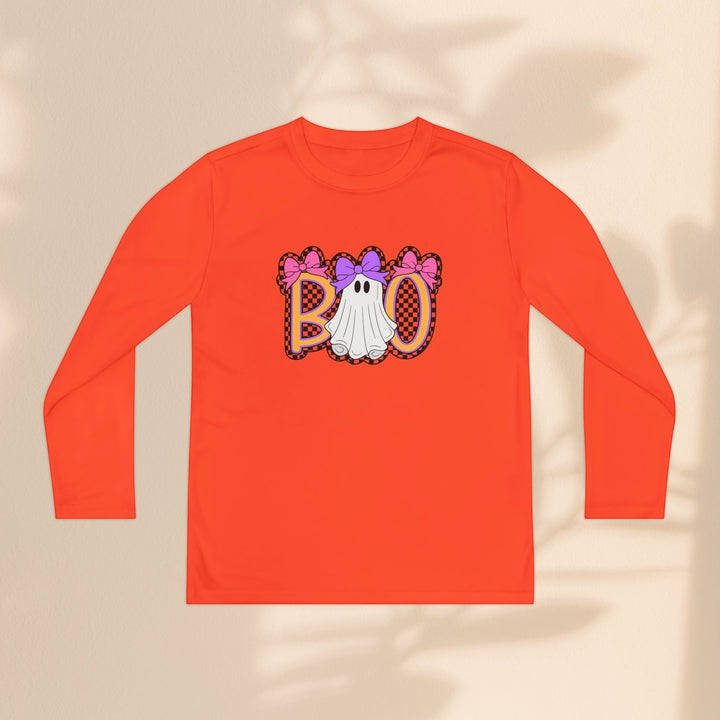 Sea Dragon Dreams kids orange long sleeve Halloween shirt with a ghost Boo graphic print and pink bows