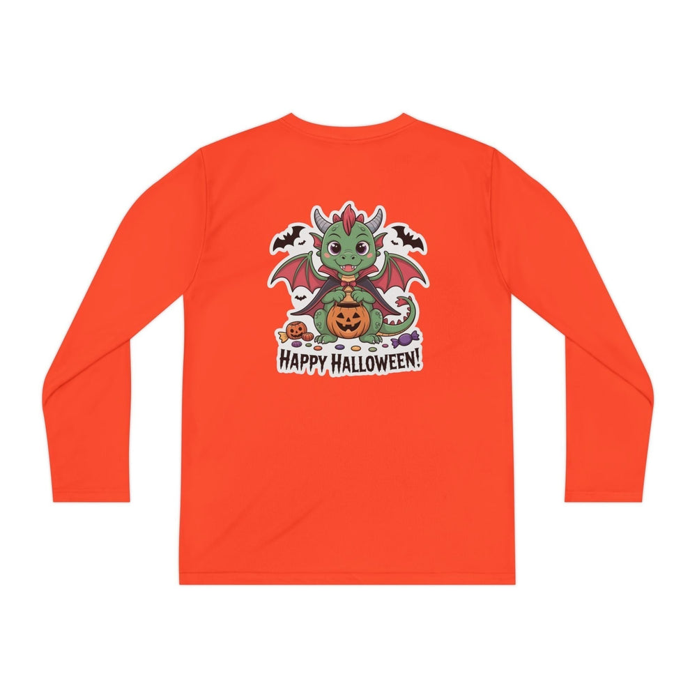 Sea Dragon Dreams orange youth long sleeve tee with a cute green dragon in a vampire cape holding a pumpkin bucket.