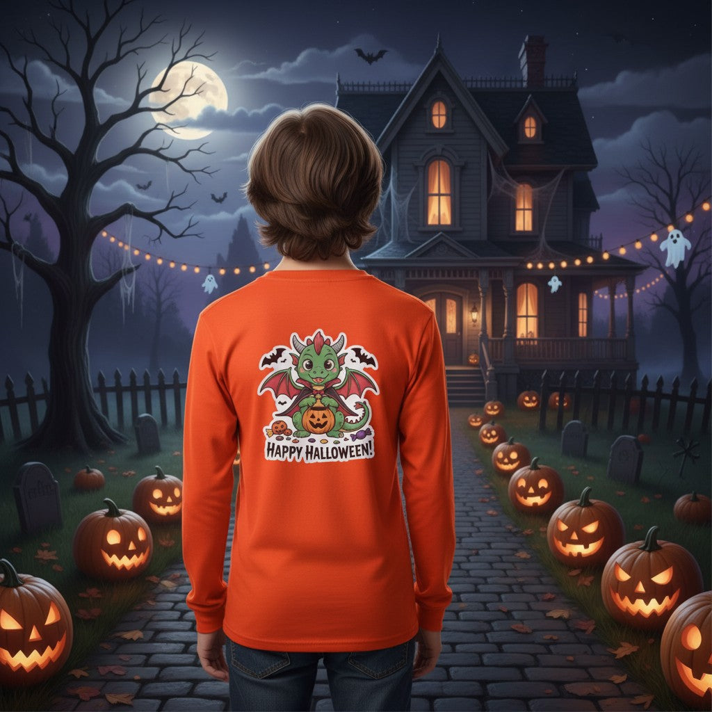Sea Dragon Dreams youth long sleeve orange Halloween tee with a cute dragon graphic, worn by a child in a spooky yard