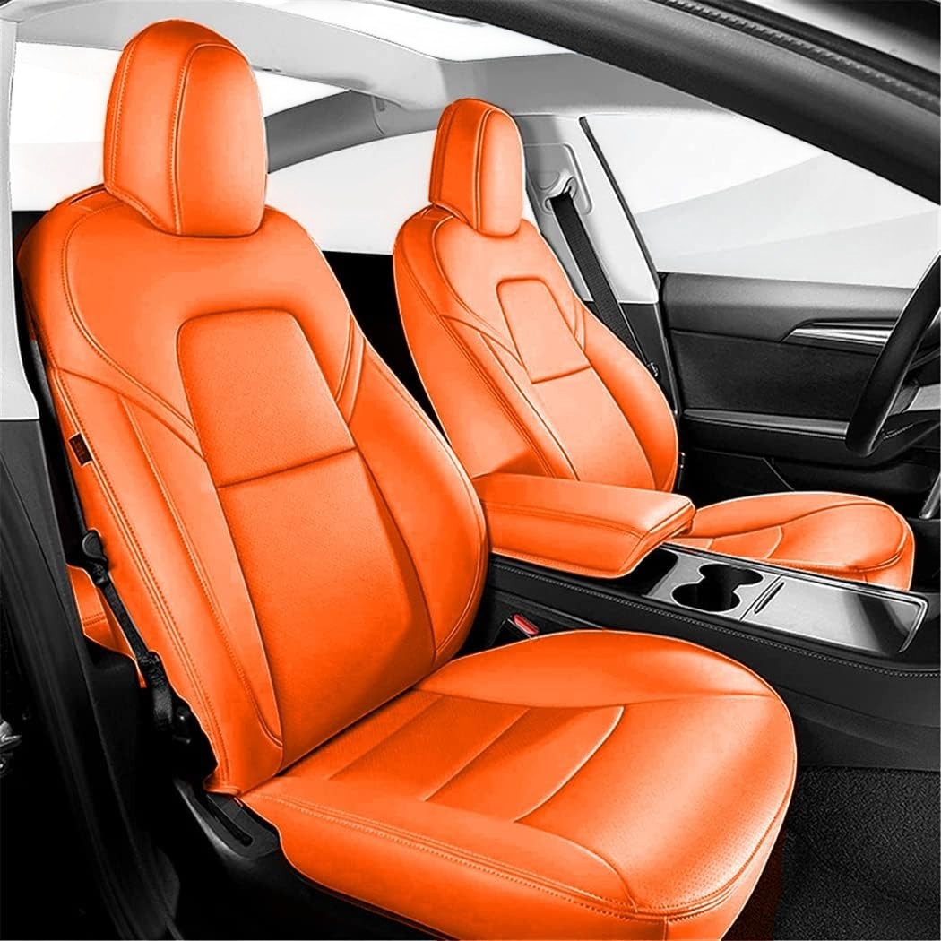 Sea Dragon Dreams bright orange leather seat covers installed in a Tesla Model 3 or Model Y interior.