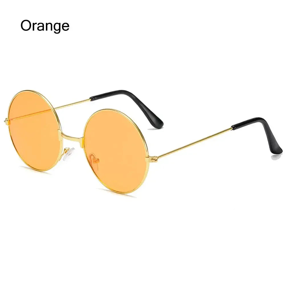 Sea Dragon Dreams orange round novelty sunglasses with a thin gold metal frame and black temple tips