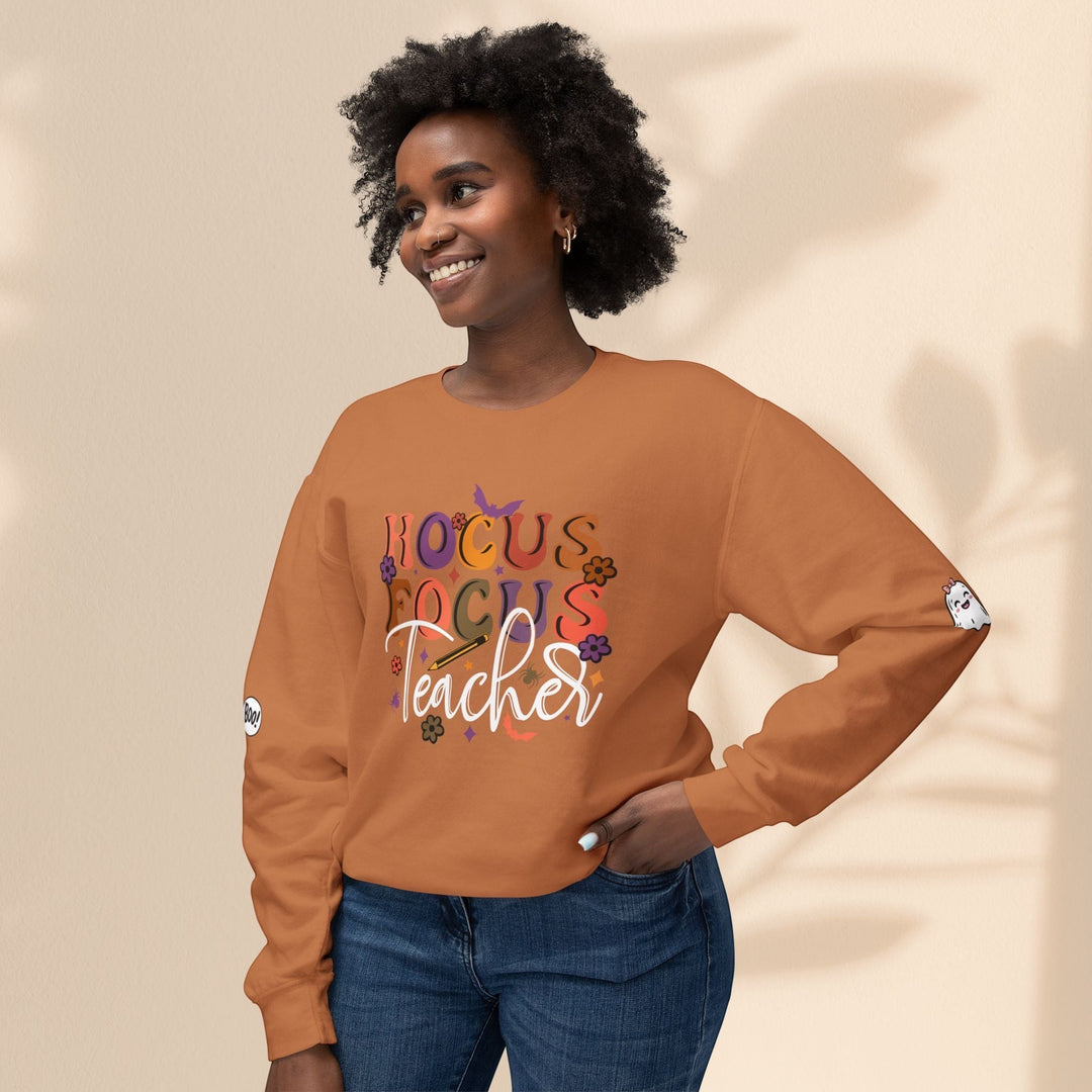 Sea Dragon Dreams unisex lightweight crewneck sweatshirt in burnt orange with Hocus Focus Teacher graphic print