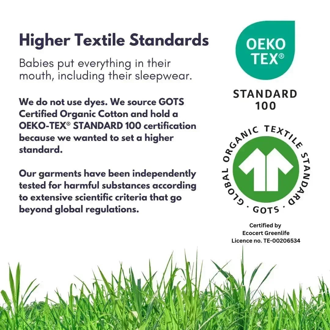 Sea Dragon Dreams GOTS and OEKO-TEX certified organic cotton toddler pajama fabric quality standards infographic
