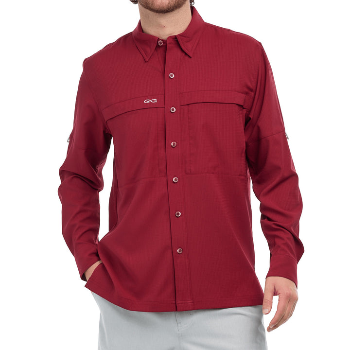Sea Dragon Dreams oxblood long sleeve scout shirt with hidden chest pockets and button-down collar on a model