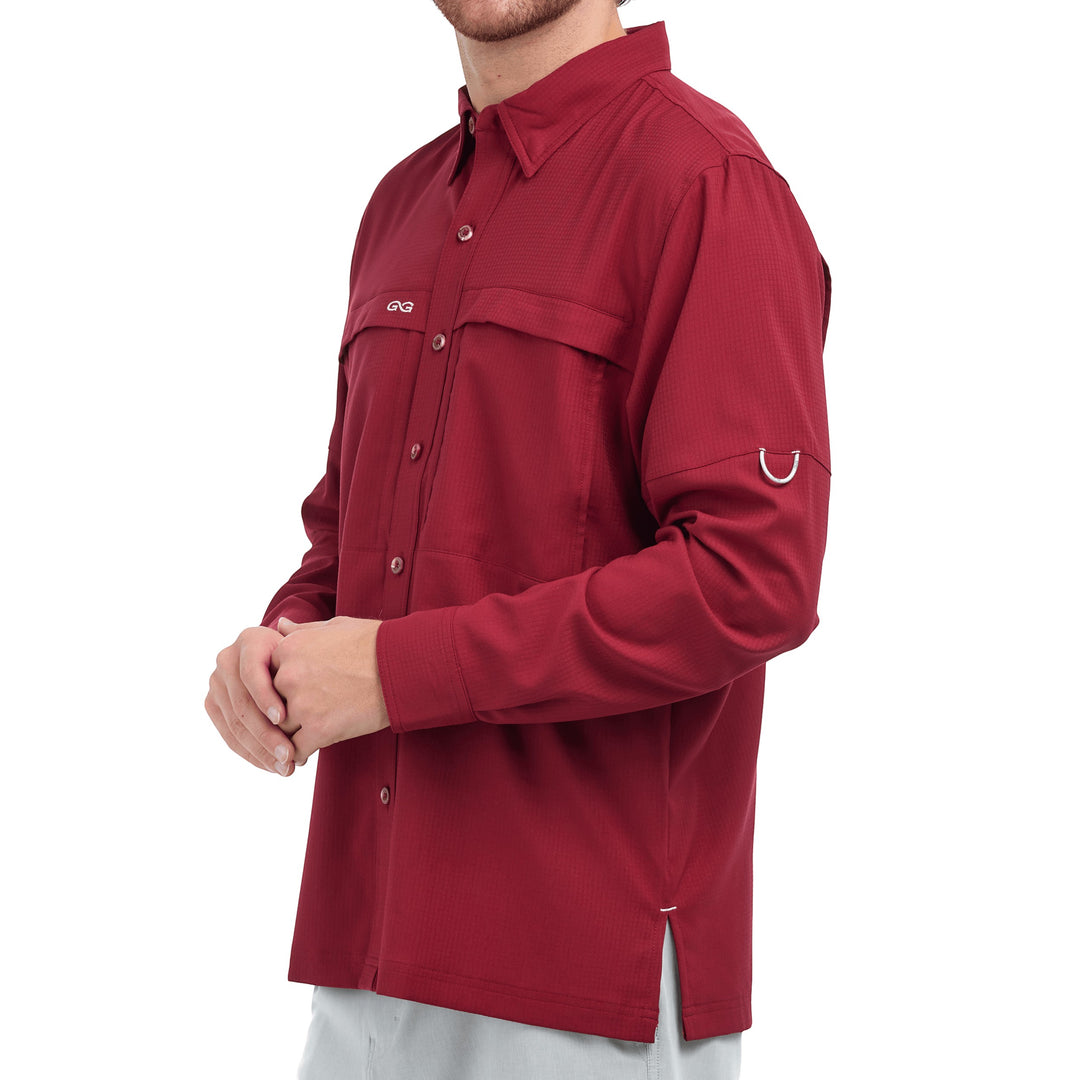 Sea Dragon Dreams oxblood long sleeve outdoor shirt with chest pockets and ventilation panel on a man