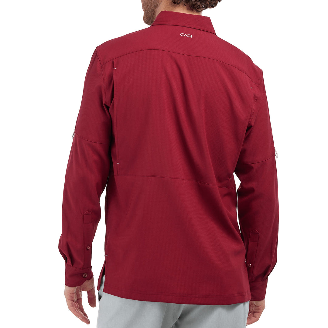 Back view of Sea Dragon Dreams oxblood long sleeve Scout Shirt with ventilation panel and quick-dry fabric