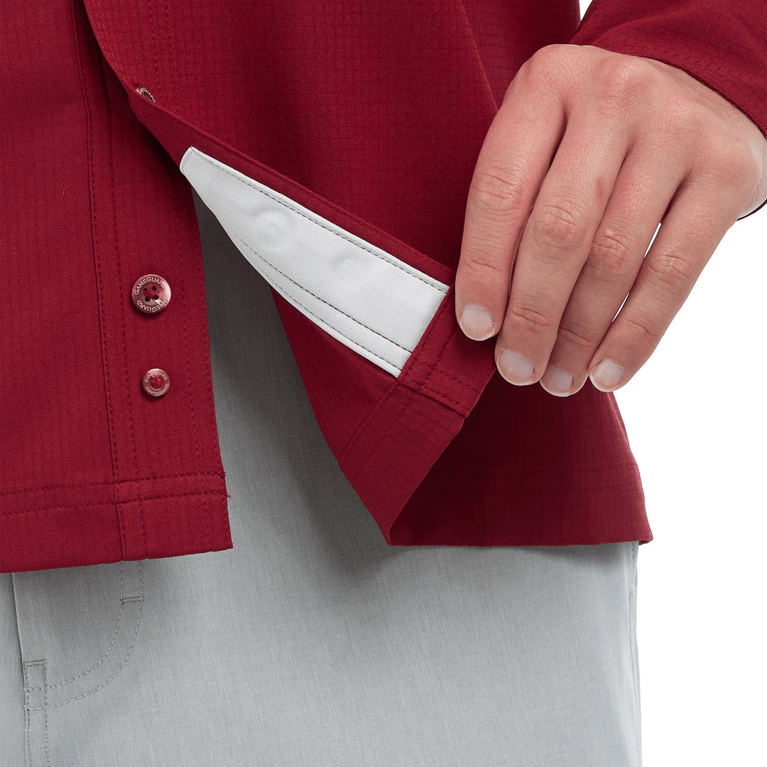 Sea Dragon Dreams oxblood long sleeve scout shirt showing button placket detail and lightweight fabric texture