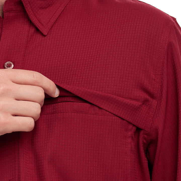 Sea Dragon Dreams oxblood long sleeve scout shirt with hidden chest pocket and textured performance fabric