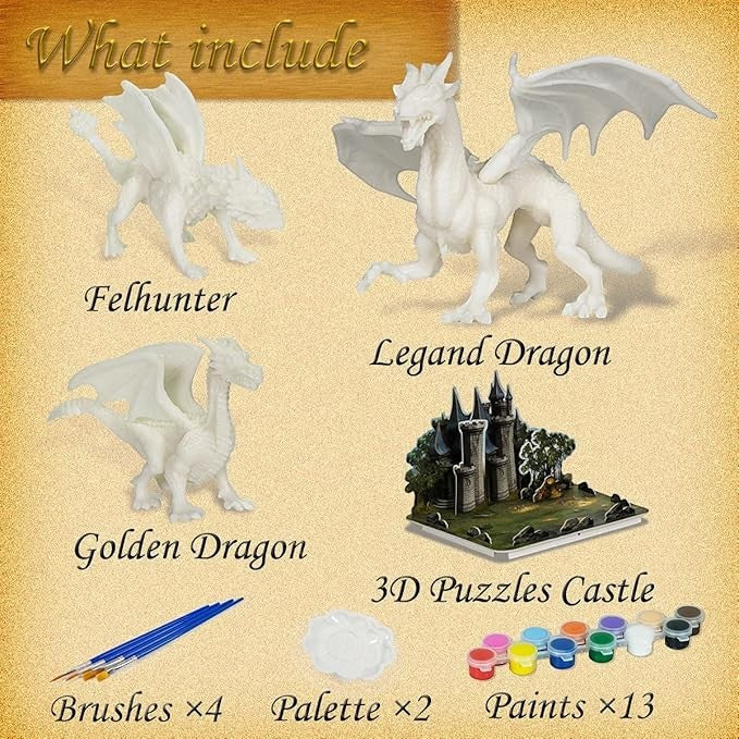 Sea Dragon Dreams dragon painting craft kit featuring three unpainted dragon figurines, a 3D castle puzzle, paints, and brushes.