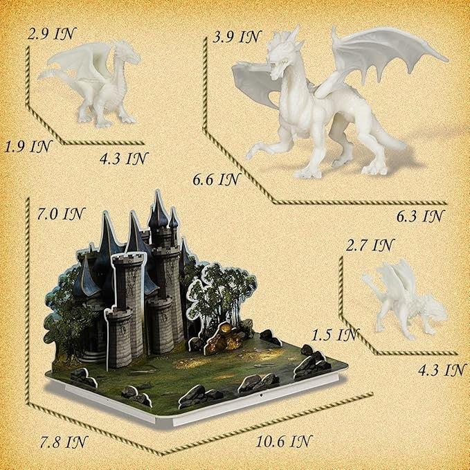 Sea Dragon Dreams dragon painting kit with three white paintable dragon figurines and a 3D castle puzzle with dimensions