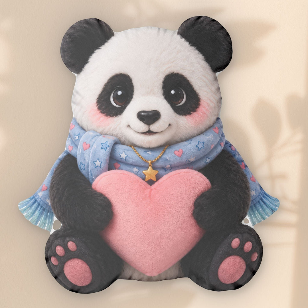 Sea Dragon Dreams Huggie Panda comfort pillow featuring a cute panda holding a pink heart with a blue star scarf.