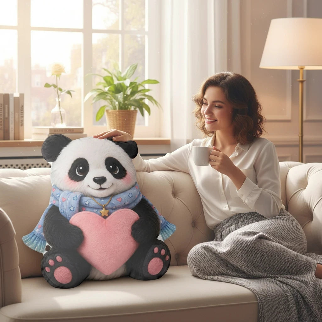 Sea Dragon Dreams Huggie Panda comfort pillow with a heart and scarf, held by a woman on a cozy sofa.