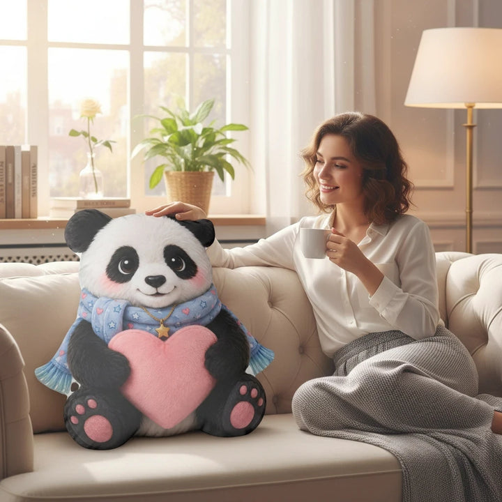Sea Dragon Dreams Huggie Panda comfort pillow with a heart and scarf, held by a woman on a cozy sofa.