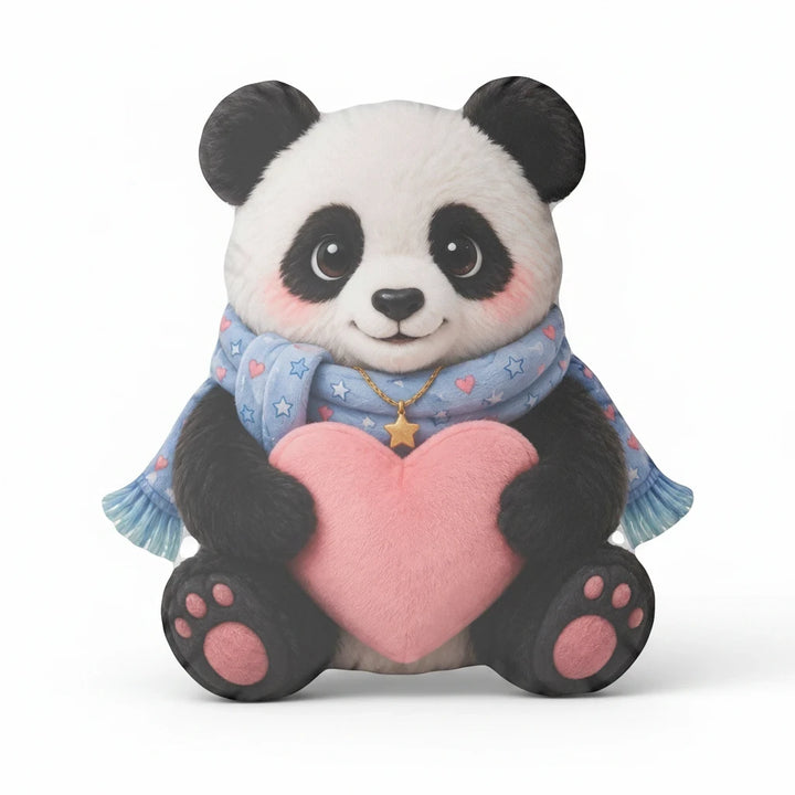 Sea Dragon Dreams Huggie Panda comfort pillow featuring a cute panda holding a pink heart with a blue star scarf.