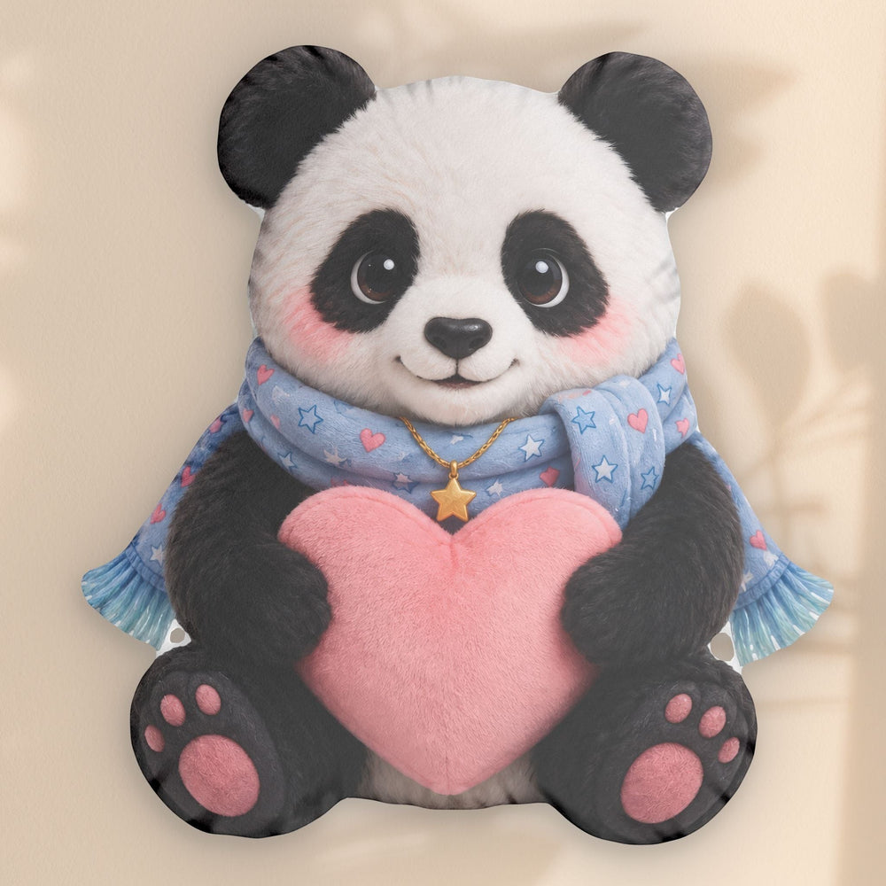 Sea Dragon Dreams Brave Buddies Huggie Panda comfort pillow with a blue star scarf and a pink heart, polyester.