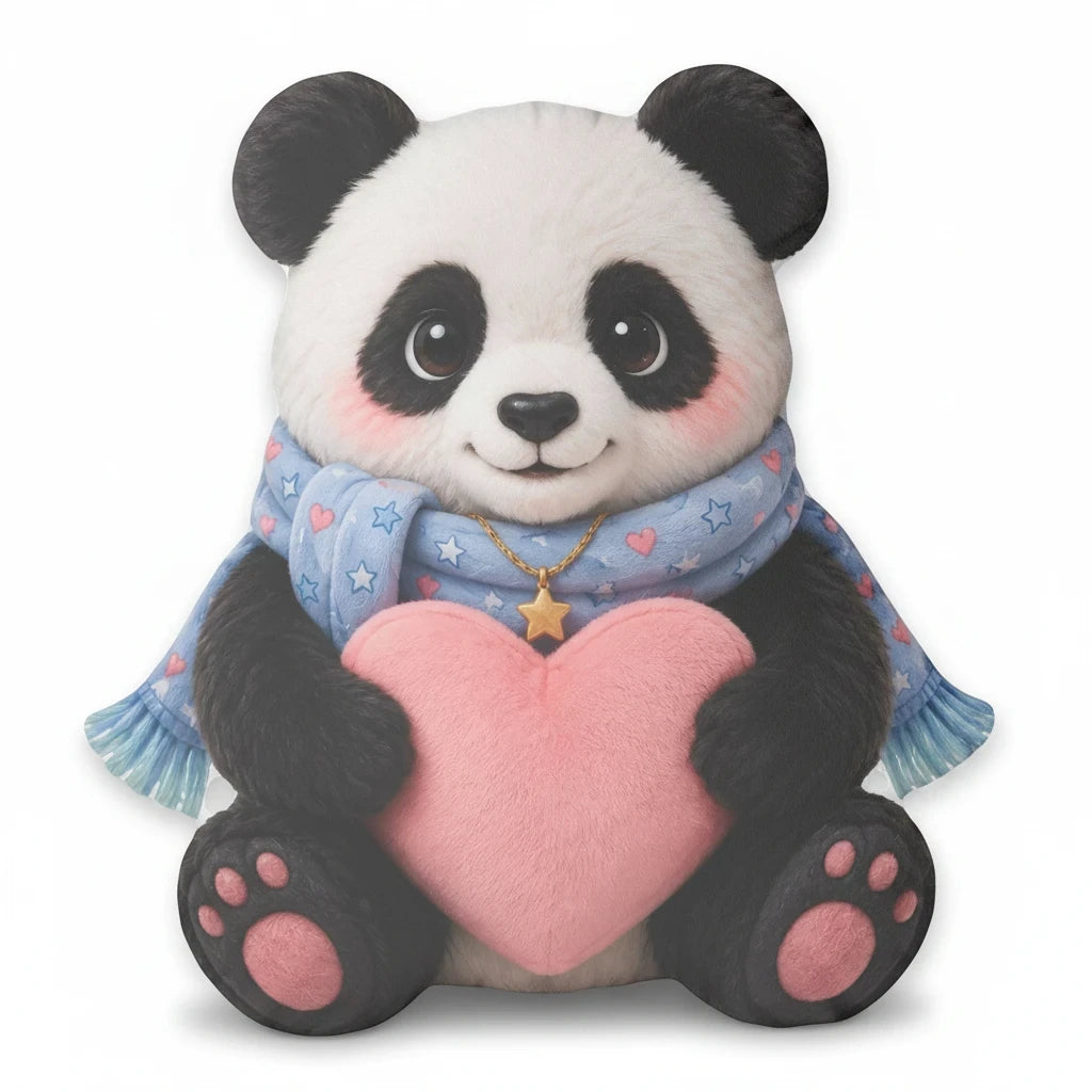 Sea Dragon Dreams Huggie Panda comfort pillow with a blue scarf and pink heart, featuring a soft polyester design.