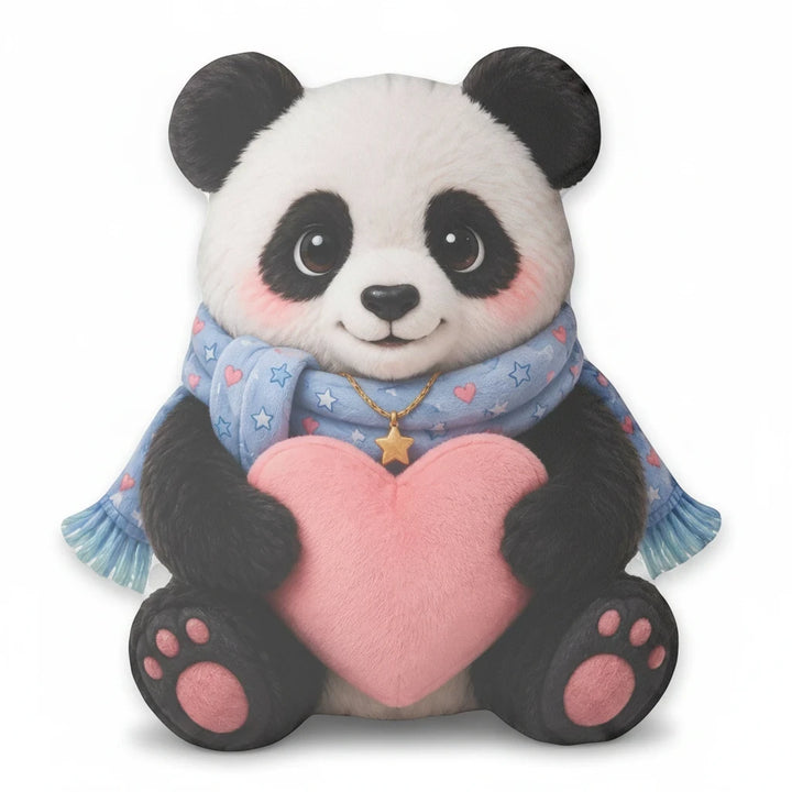 Sea Dragon Dreams Huggie Panda comfort pillow with a blue scarf and pink heart, featuring a soft polyester design.