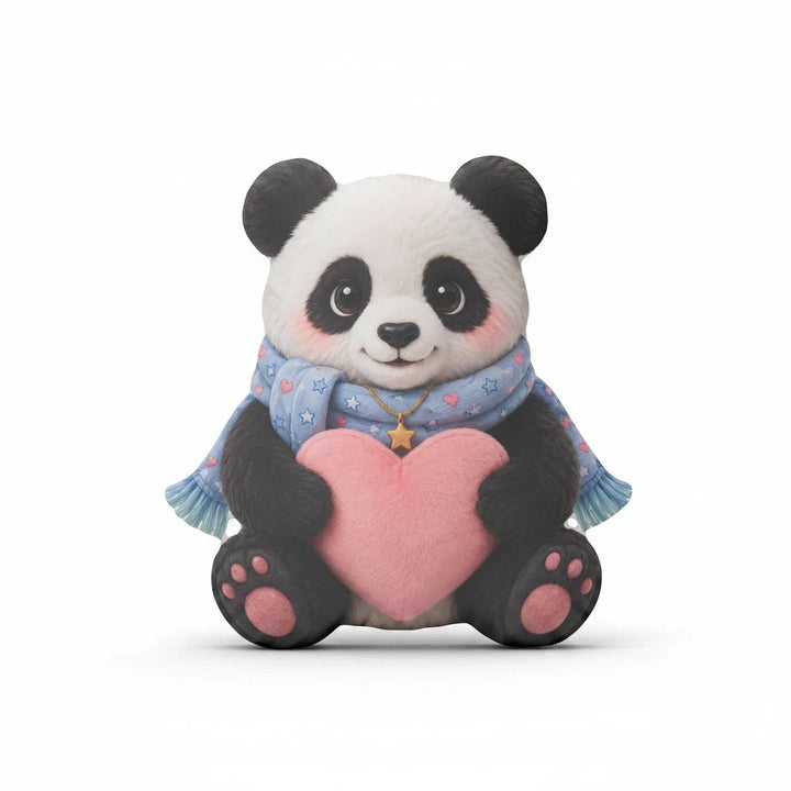 Sea Dragon Dreams Huggie Panda comfort pillow featuring a soft panda holding a pink heart with a blue star scarf.