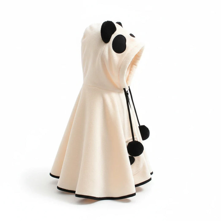 Sea Dragon Dreams kids panda hooded cape in cream fleece with black ear details and pom-pom ties on a white background