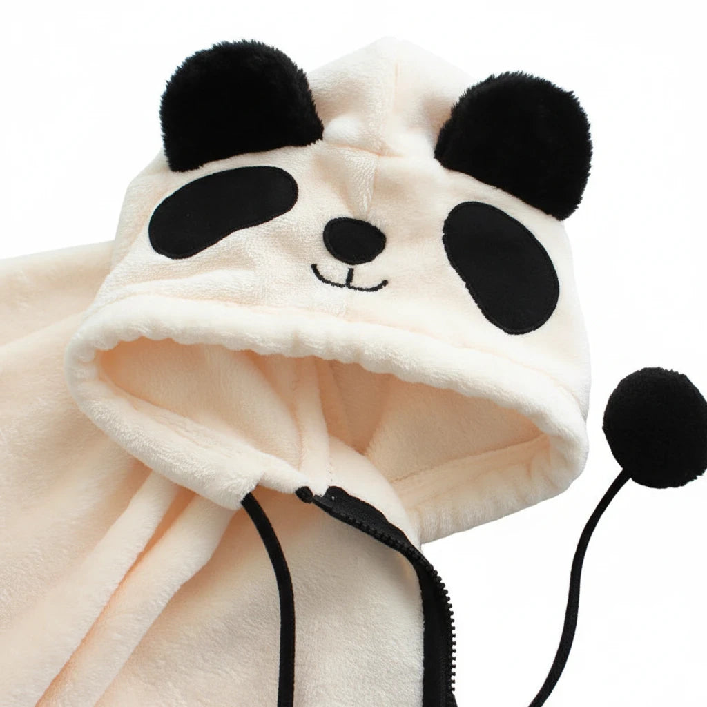 Sea Dragon Dreams kids panda hooded cape in soft cream plush fabric with black pom-pom ties and panda face hood