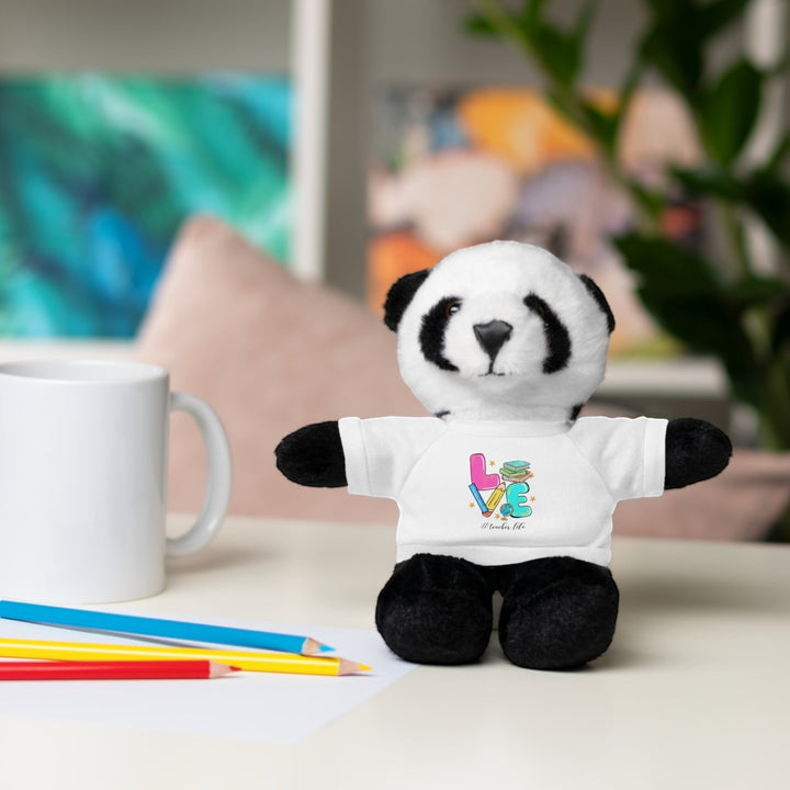 Sea Dragon Dreams plush panda stuffed animal wearing a white cotton t-shirt with Love Teacher Life graphic design