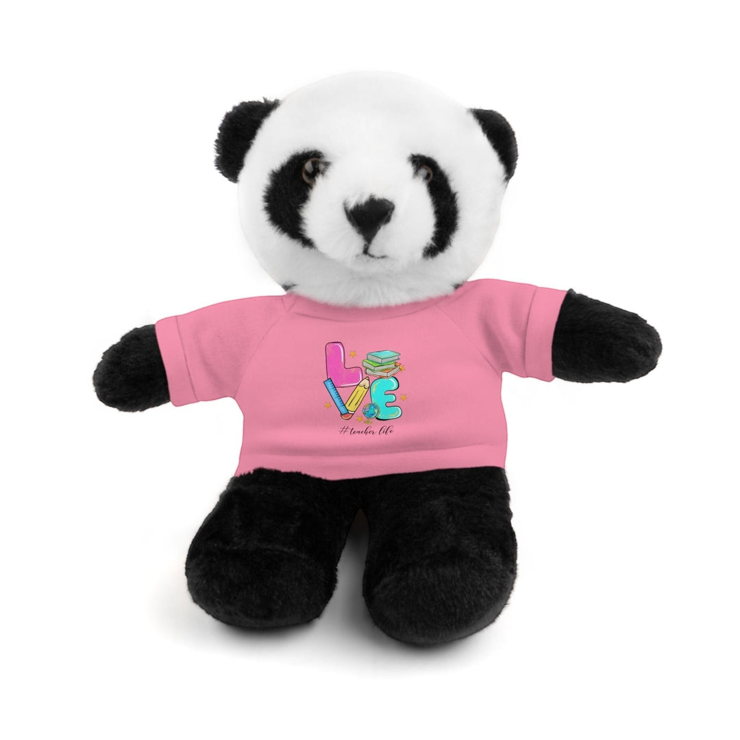 Sea Dragon Dreams panda stuffed animal wearing a pink cotton t-shirt with a Love Teacher Life graphic design.