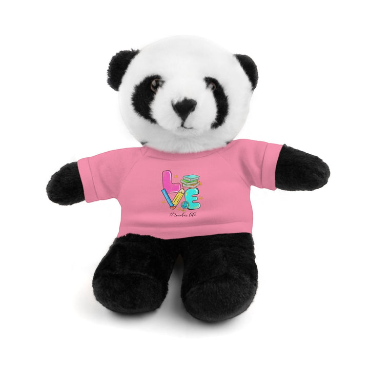 Sea Dragon Dreams panda stuffed animal wearing a pink cotton t-shirt with a Love Teacher Life graphic design.