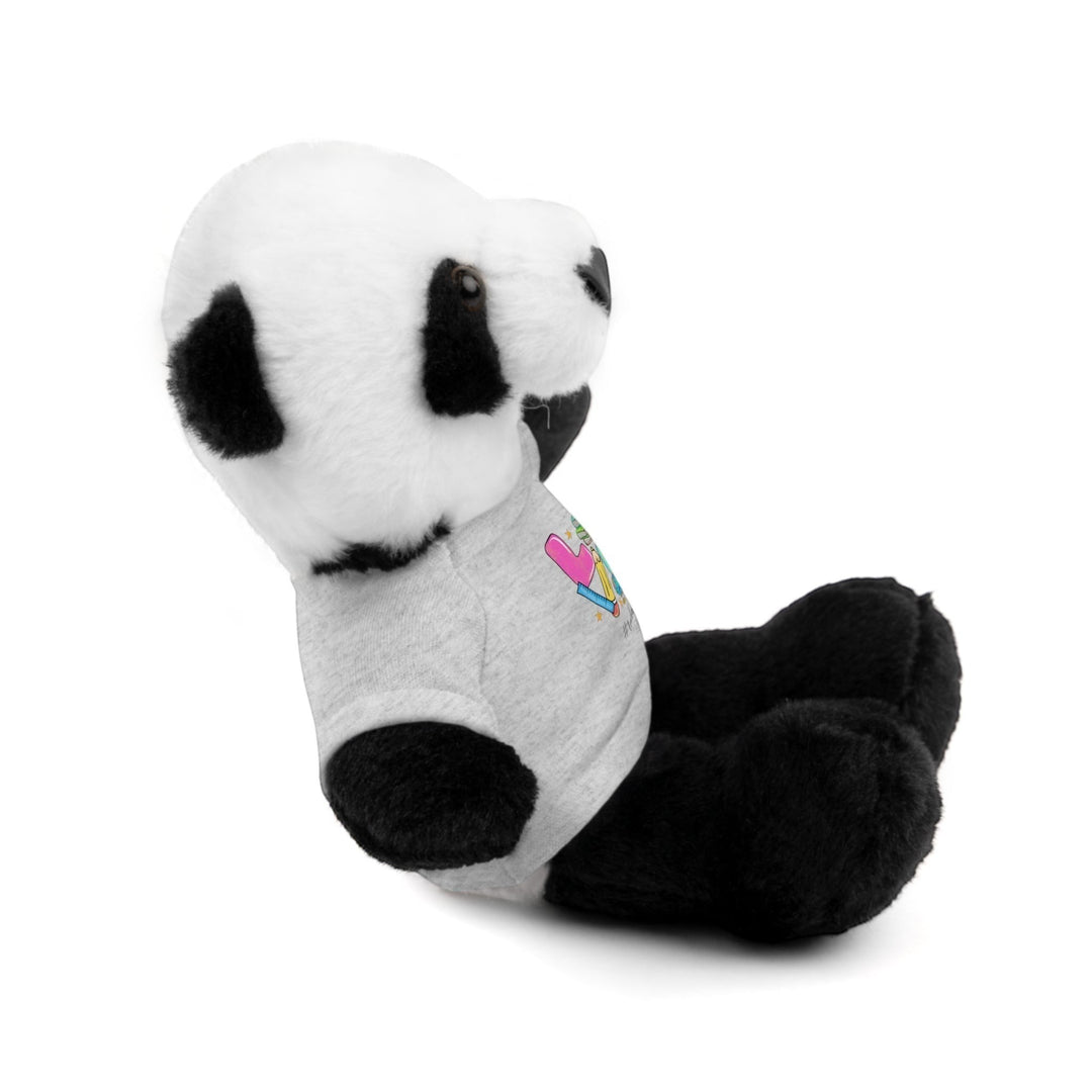 Sea Dragon Dreams panda stuffed animal wearing a grey cotton t-shirt with Love Teacher Life graphic, side view